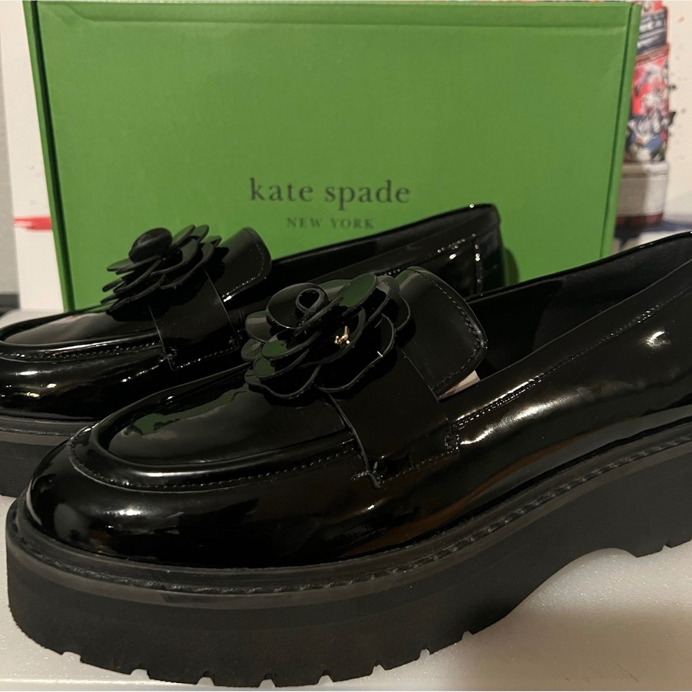 Kate Spade Loafers Womens Black NEW Patent Leather Flower Platform Lug Sole Shoe
